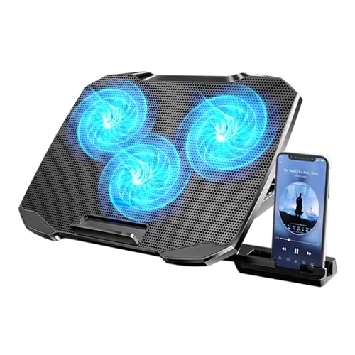 Laptop Cooling Pad, Laptop Cooler with 3&5 Quiet Cooling Fans with Phone Holder for 12-17.3 Inch Laptops, Anti-slip Baffles, 5 Height & Fan Speed Adjustable, 2 USB Port & Blue Led Light (3fans)