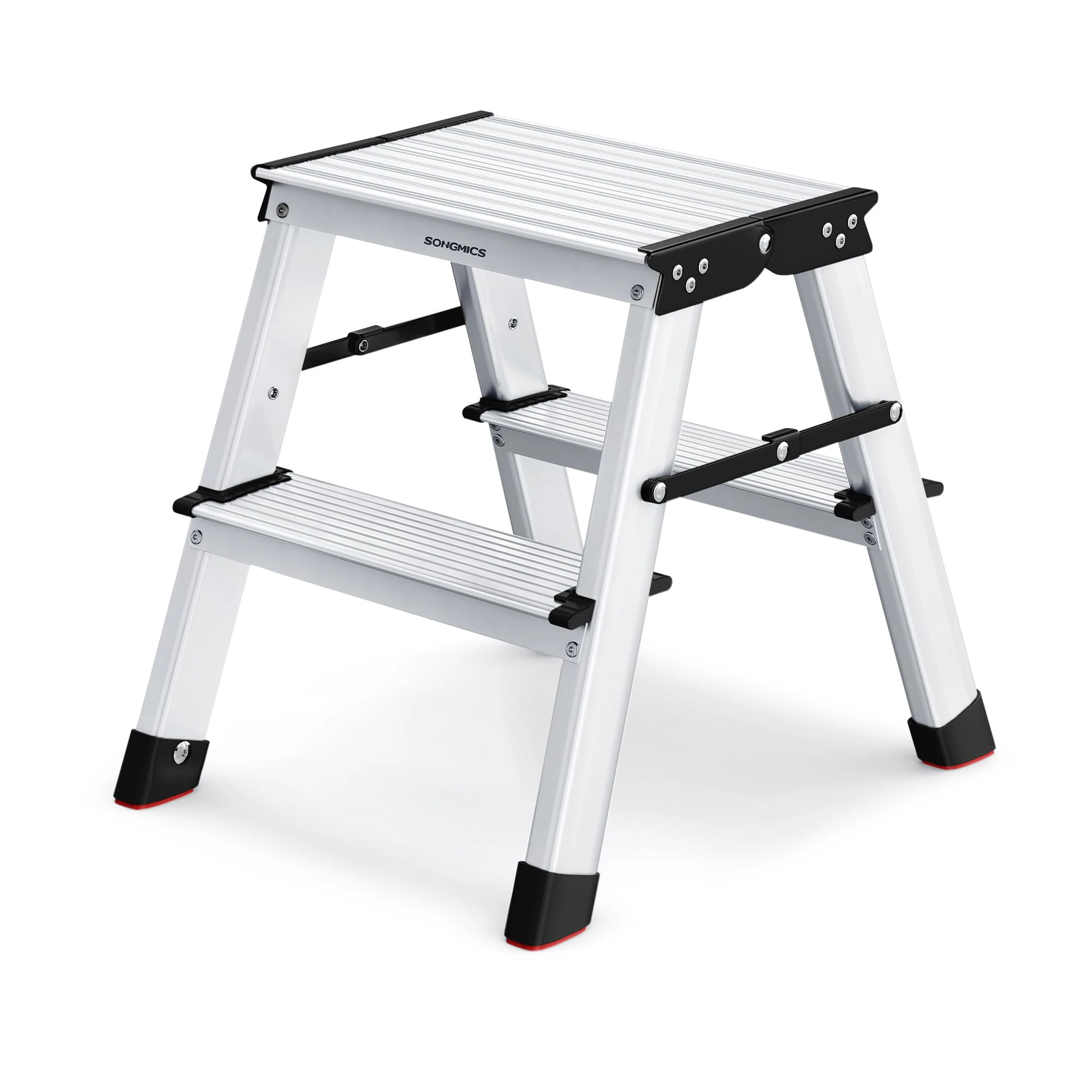 SONGMICS Ladder, 2 Step Ladder, Aluminium Ladder with 2 Non-Slip Steps, Multi-Purpose, Max. Load Capacity 150 kg, Silver Grey and Ink Black GLT012E01