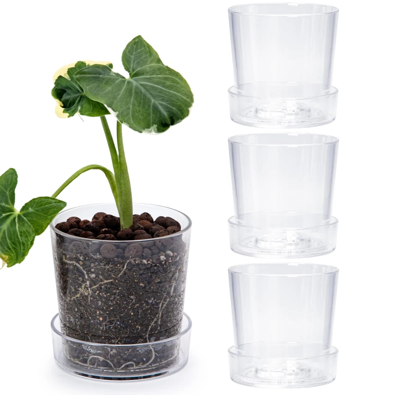 Phoenix Vine 4.5 Inch Clear Acrylic Planter Pot with Tray, Orchid Pot with Drainage Holes, Deep Saucer for Bottom Watering, Transparent Containers for Indoor Plants, Herbs, Set of 4, 91-A-E-4