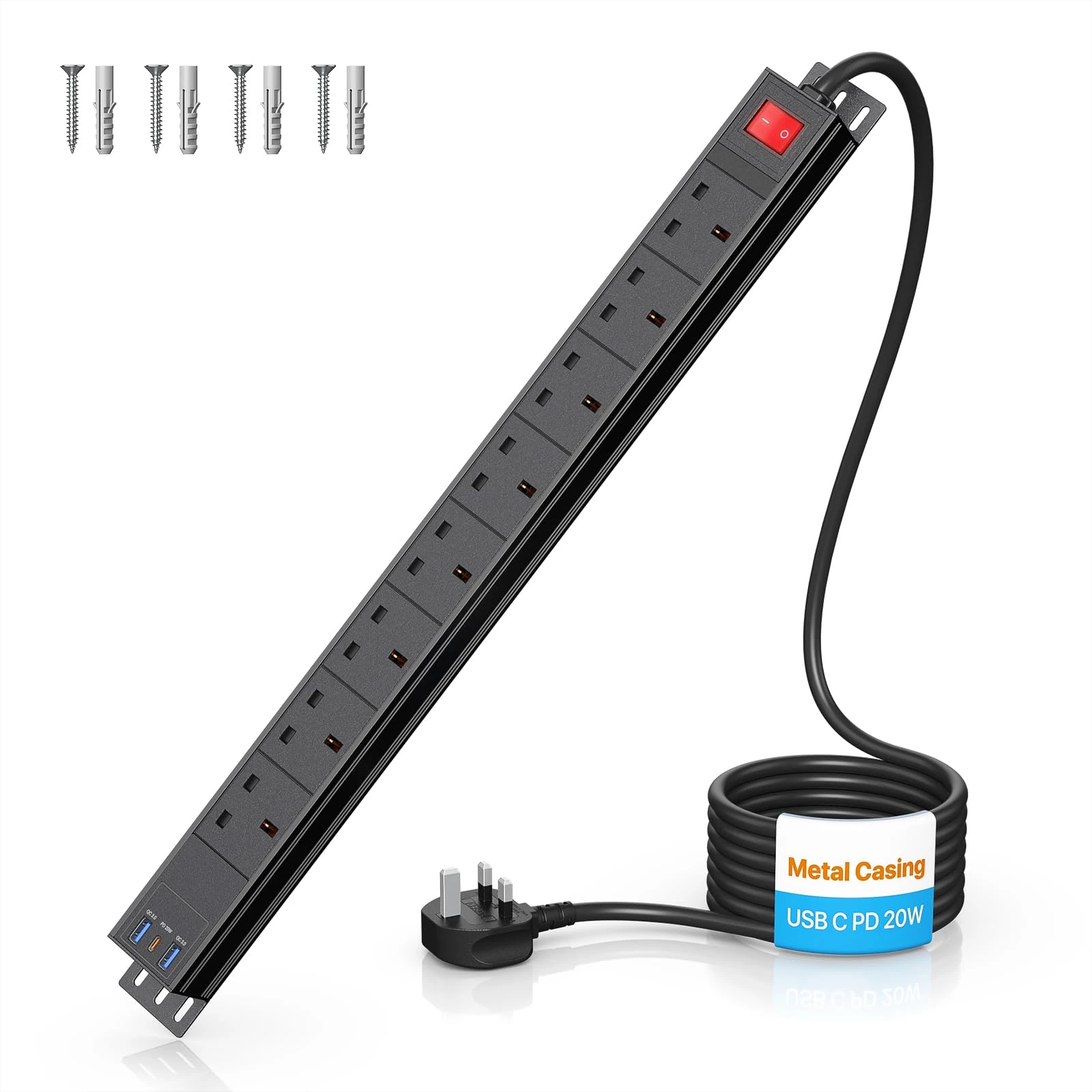 Ohuo 8 Way Power Strip Extension Lead with USB C PD 20W, Surge Protected Power Socket Extension with 2 USB-A Ports, Metal Casing