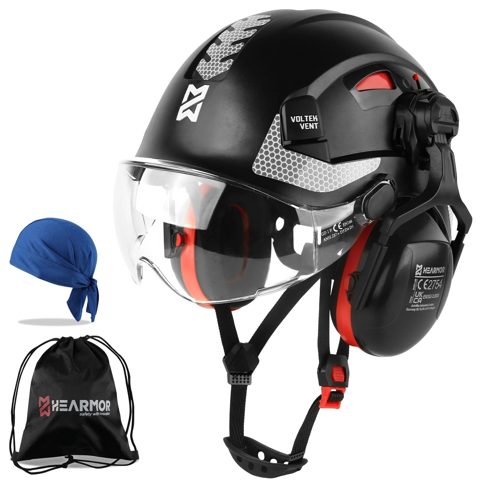 HEARMOR ANSI Z89.1 & EN397 Certified Safety Helmet/Hard Hat with Ear Protection – Lightweight Vented Work Helmet Kit, 6-Point Suspension System – Ideal for Industrial & Construction Professionals