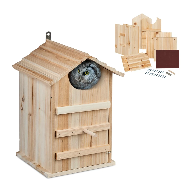 Relaxdays Owl Nesting Box, Wooden, with Entrance Hole HxW: 9.5 x 9.5 cm, Hinged, Bird House Kit for Hanging Up, Natural, Wood, 38.5 x 25 x 28 cm