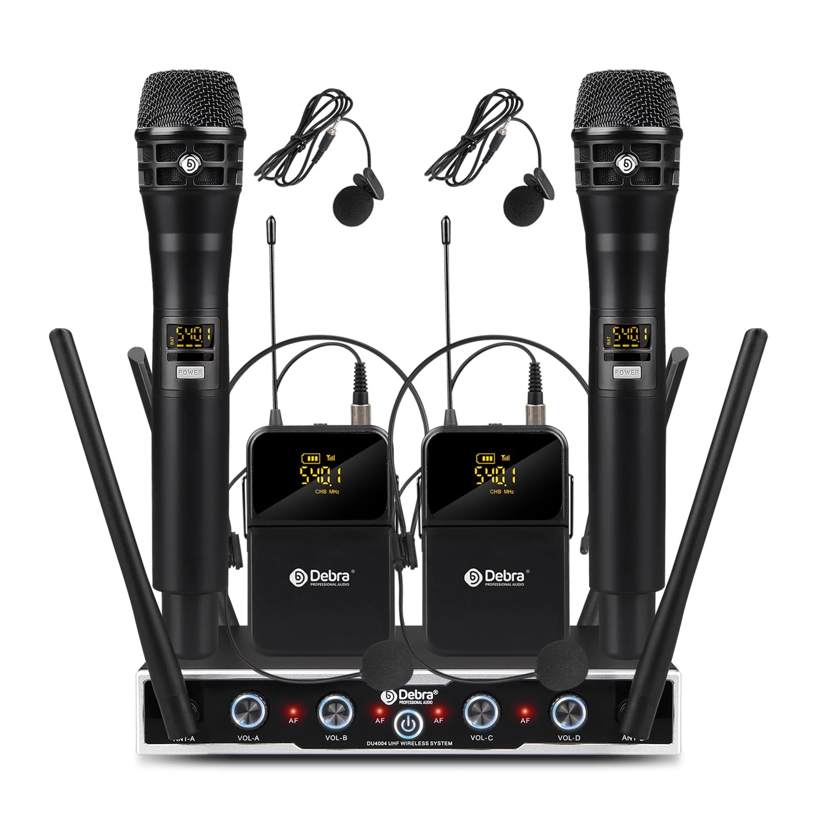 UHF Wireless Mic System, Bodypack Transmitter, Headset, Lavalier & Hand Mics, 4x16 Adjustable Channels, Perfect for Meetings, Church, Speeches