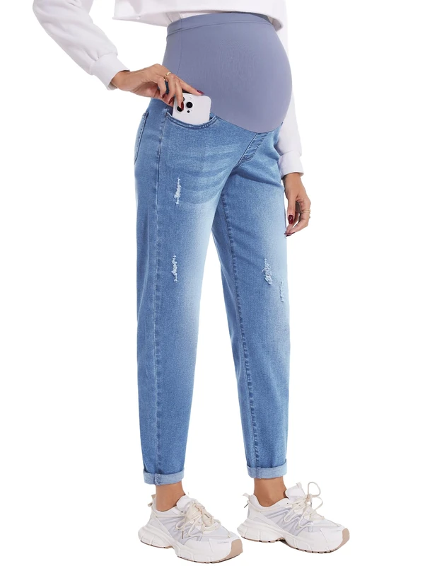POSHGLAM Women's Maternity Jeans Over Belly Comfy Stretch Boyfriend Jeans Denim Pregnancy Pants, S-XXL, A04 Blue, Large