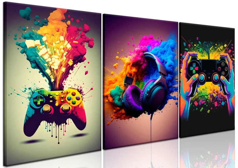 Gaming Wall Art Set - 3-Piece Controller & Canvas Poster, Boys Room Decor, 16x24 in Framed