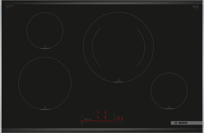 BOSCH PIE875HC1E Induction Hob, 80 cm, Series 6, 4 Cooking Zones, Electronics DirectSelect, PerfectFry Plus, Home Connect, Black