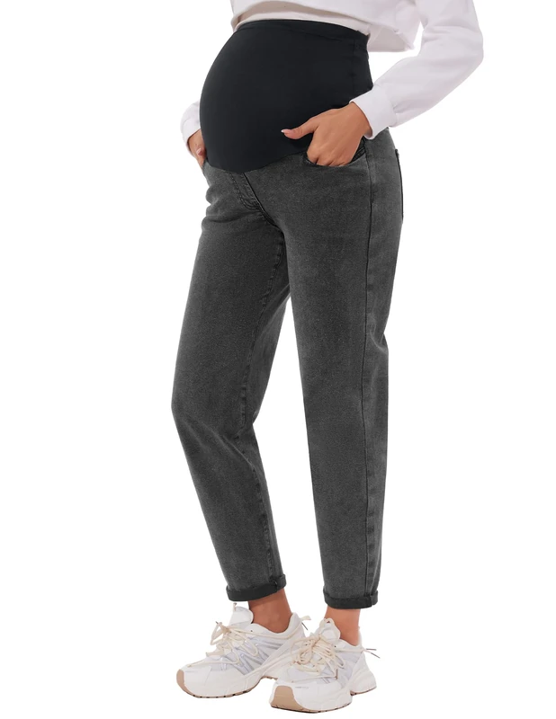 POSHGLAM Women's Maternity Jeans Over Belly Comfy Stretch Boyfriend Jeans Loose Pregnancy Pants, S-XXL, A03 Washed Black, S