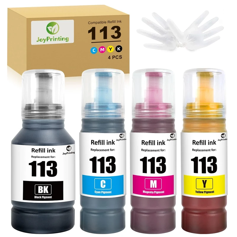 JoyPrinting 113 Pigment Ink Bottle Replacement for Epson 113 Compatible with ECOTANK ET-5150/ET-5170/ET-5800/ET-5185/ET-5805/ET-5850/ET-5855/ET-5880/ET-16150/ET-16655/ET-16600/ET-16605 (4 pack)