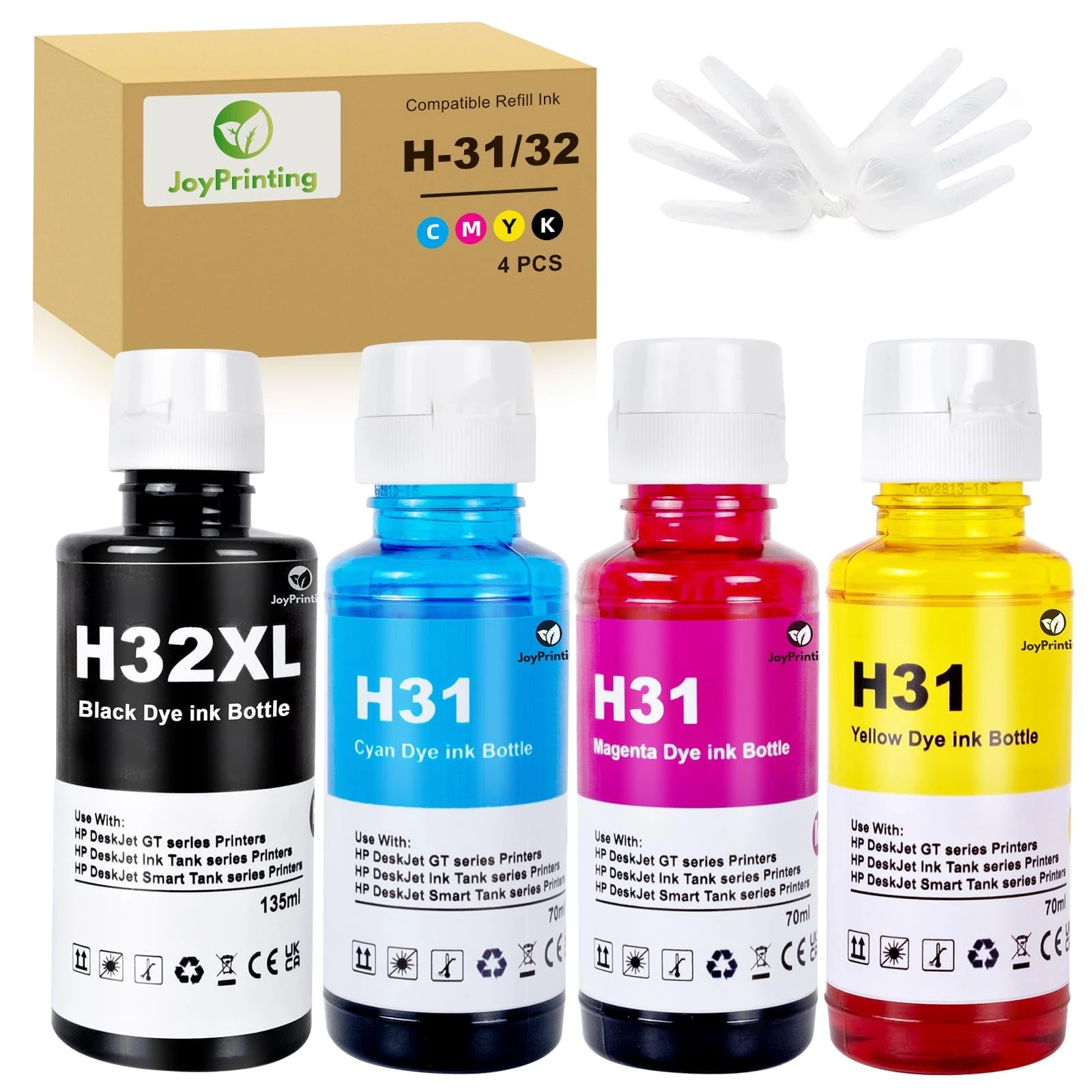 JoyPrinting 31 32XL Ink Bottle Set Compatible with HP 31 32XL Ink Bottles for Smart Tank 5000 5101 7301 7001 7602 5000 6001 5101 5102 Plus 651 551 455 457 450 (135ML 32XL Black, 70ML 31 Color)