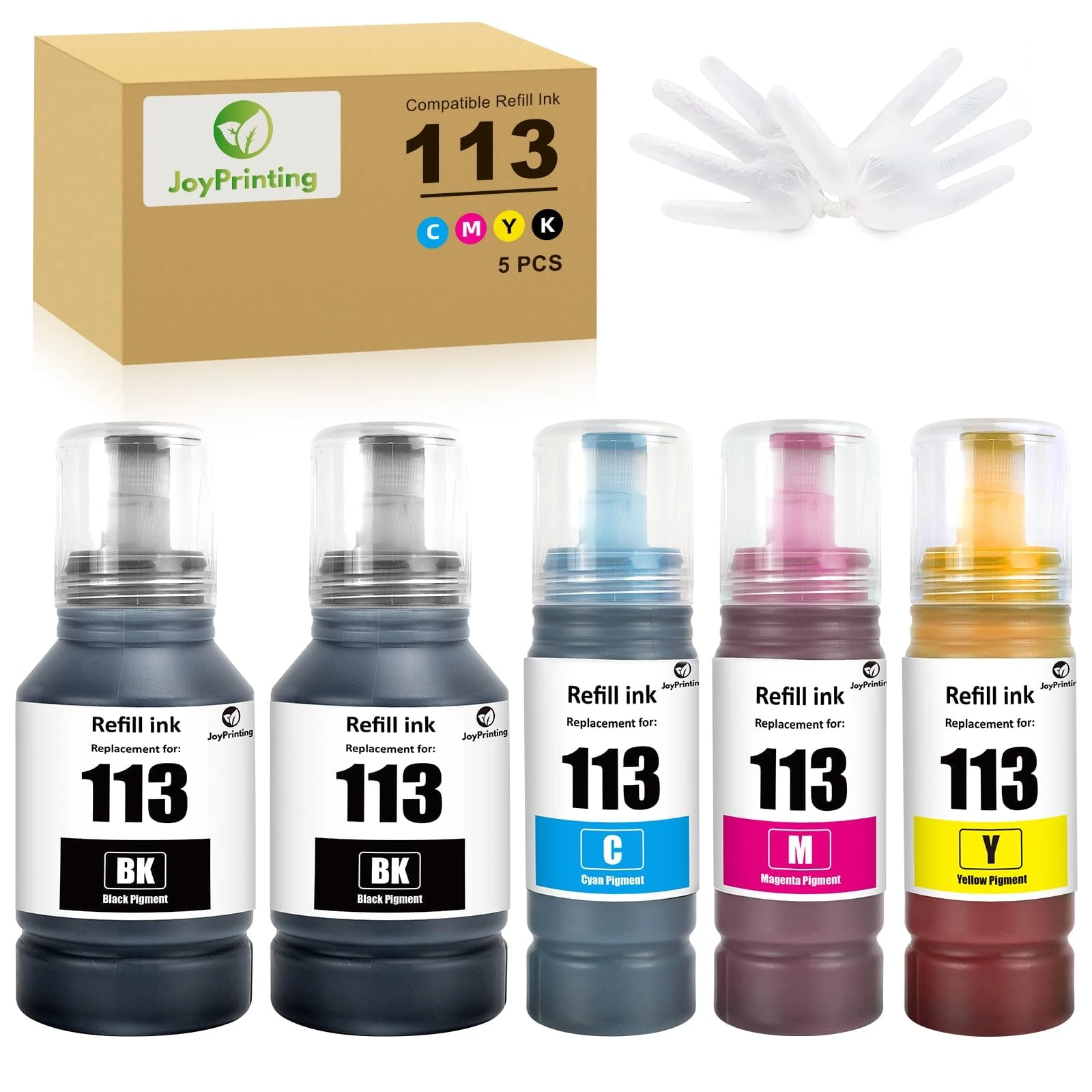 JoyPrinting 113 Pigment Ink Bottle Replacement for Epson 113 Compatible with EcoTank ECOTANK ET-5150/ET-5170/ET-5800/ET-5185/ET-5805/ET-5850/ET-5855/ET-5880/ET-16150/ET-16600/ET-16605/ET-16685(5 pk)