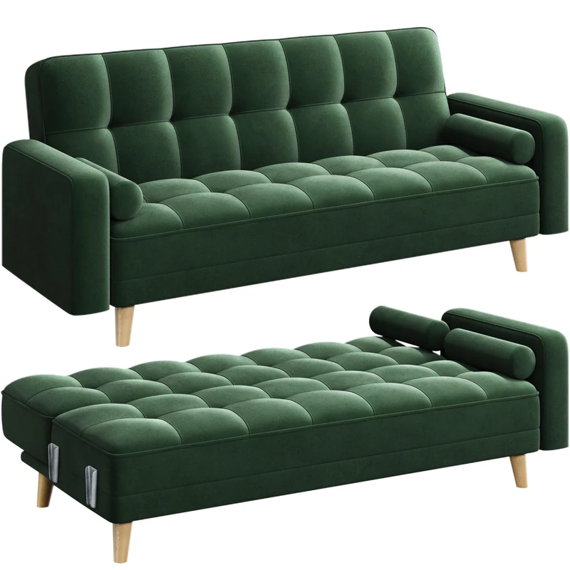 Yaheetech Modern Velvet Sofa Bed 3 Seater Click Clack Sofa Settee Recliner Couch with Wooden Legs for Living Room/Guest Room/Office Green