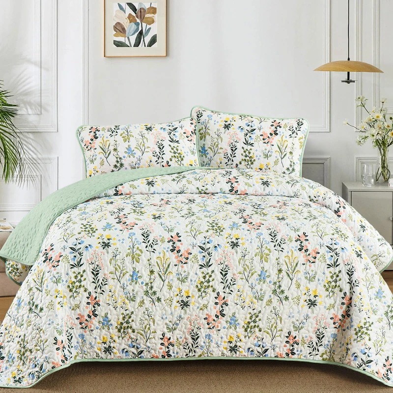 Anibedding Floral Quilt Set Queen Size,3 Pieces Flower Parrten Bedspread Coverlet,Garden Style Soft Lightweight Micorfiber Bedding Set with 2 Pillowcases for All Seaaon.(96"×90",Green)