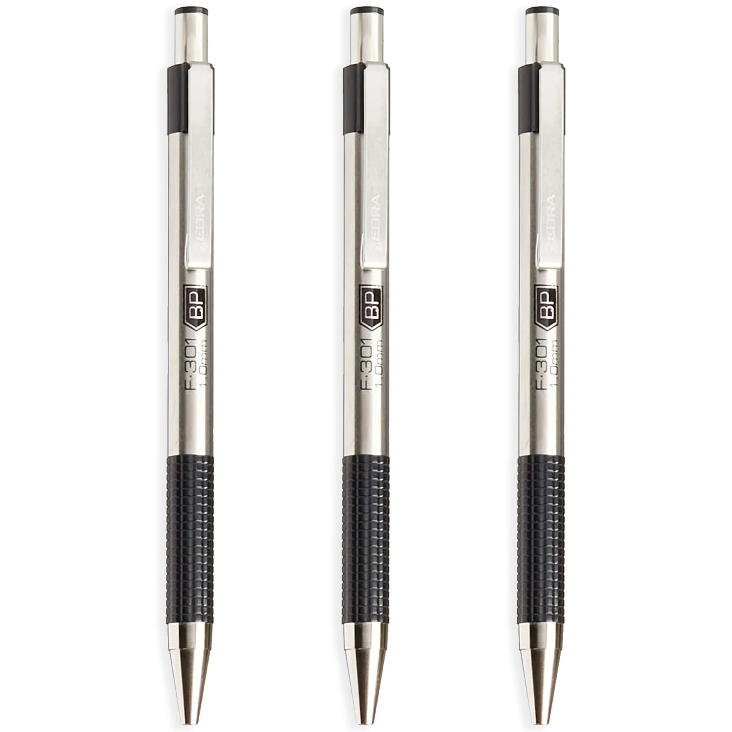 Zebra F-301 - Stainless Steel Retractable Ballpoint Pen - 1.0mm Broad - Black Ink - Pack of 3
