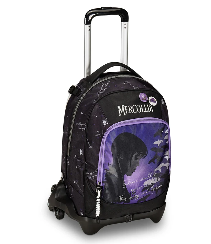Seven Jack 3 Wheels School Trolley Wednesday - Be The Strange You Want to, Black Purple - 3 in 1, Triple Use, Backpack with Detachable Trolley, Bottle Pocket, Girl School Backpack, Purple, Taglia
