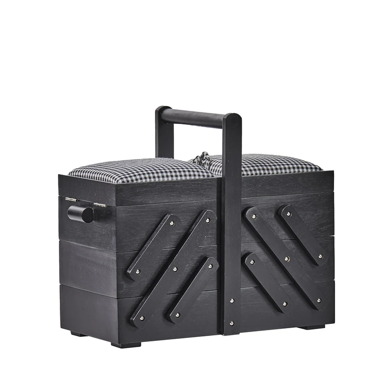 Prym - Prym Classic Design Lacquered Rubberwood (36x19x30cm) Black Elegant Sewing Box with 3 levels for storage and Padded Fabric Cover - 1 Piece