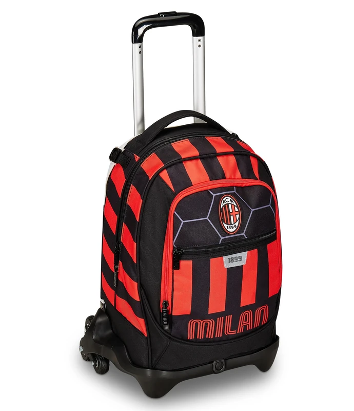 Seven School Trolley Jack 3 Wheels, Red and Black, A.C. Milan Football, Red Black - 3 in 1, Triple Use, Backpack with Detachable Trolley, Bottle Pocket and Crossover System, Children's School