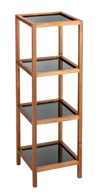 WENKO Fondi Bathroom and Living Shelf, Solid Acacia Wood Shelf with 4 Levels, Glass Shelves in Black, 36 x 112 x 36 cm - Image 1