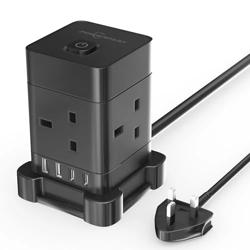 PowerFast 4 Way Multi Plug Extension Socket Power Strip, Cube Extension Lead with USB Slots, 3M USB Extension Cable,2 USB-C,2 USB-A, Child Safety Surge Protected Extension Cord with Switch (Black, 3M)