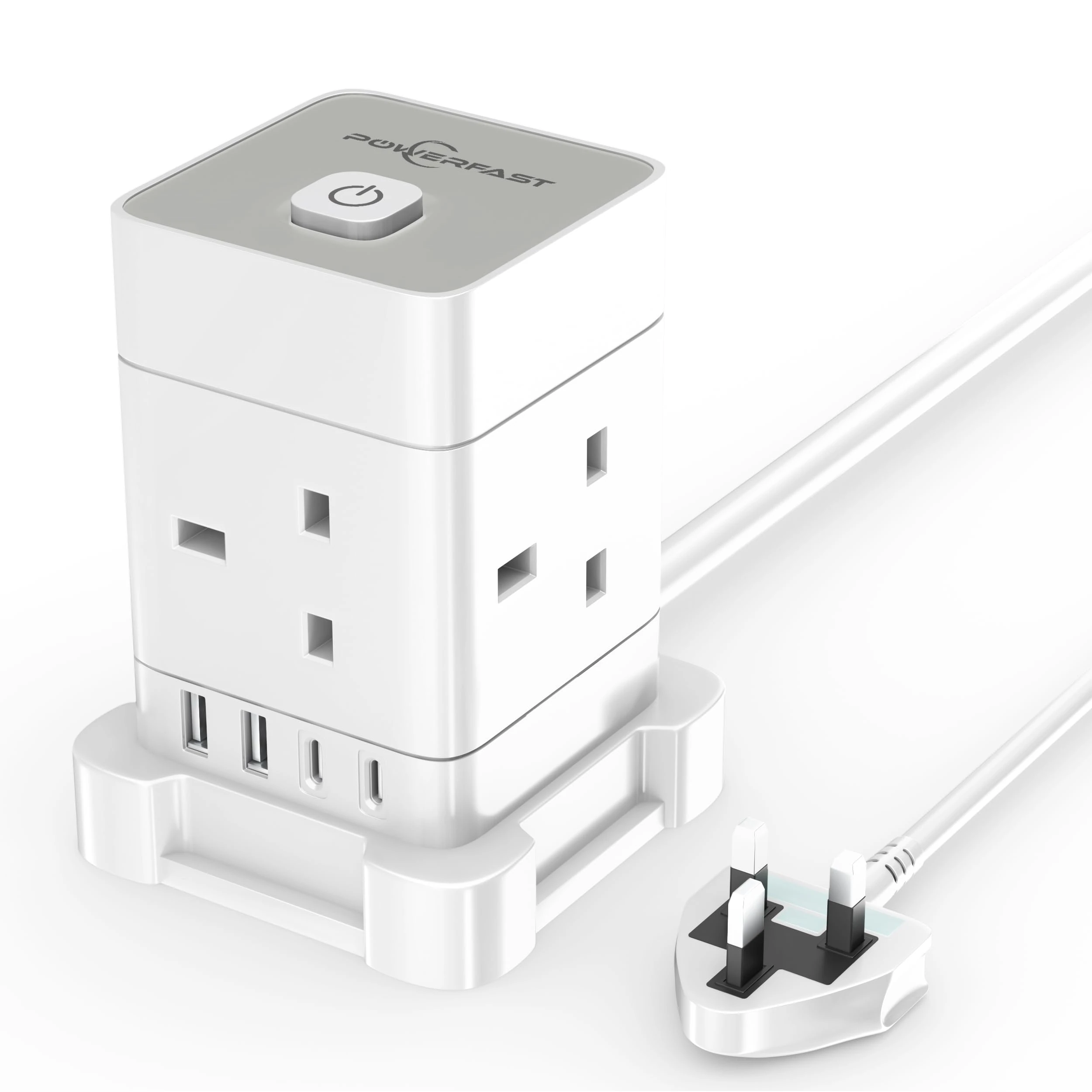 PowerFast 4 Way Multi Plug Extension Socket Power Strip, Cube Extension Lead with USB Slots, 3M USB Extension Cable,2 USB-C,2 USB-A, Child Safety Surge Protected Extension Cord with Switch (White, 3M)