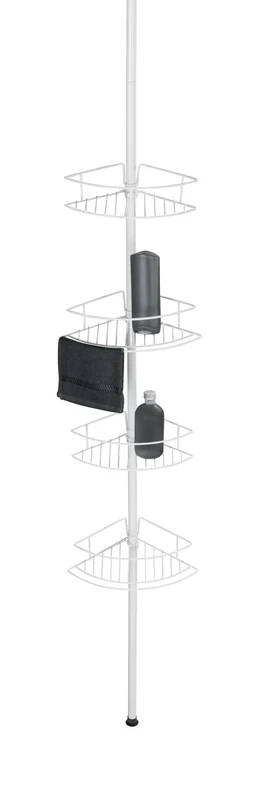 WENKO Dolcedo Telescopic Corner Shelf White Matt Clampable Corner Shelf for Shower with 4 Baskets, No Drilling Required, Stainless Steel