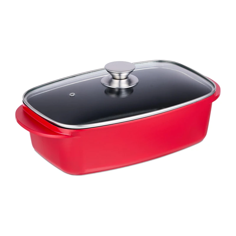 Relaxdays Roaster Dish with Glass Lid, 5 Litre Capacity, Coated Universal Roaster, Aluminium, Electric & Gas Hob, Red