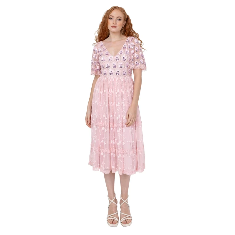 Maya Deluxe Women's Ladies Midi Dress Short Angel Sleeves V-Neck A-line Sequin Embellished Floral Tulle Lace Wedding Guest Prom Ballet Pink 10
