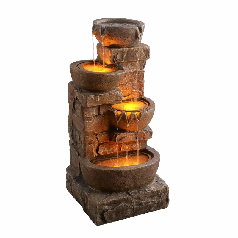 Teamson Home 33.27 Inch Stacked Bowls and Stones Cascading Outdoor Fountain with LED Lights, Brown, One Size