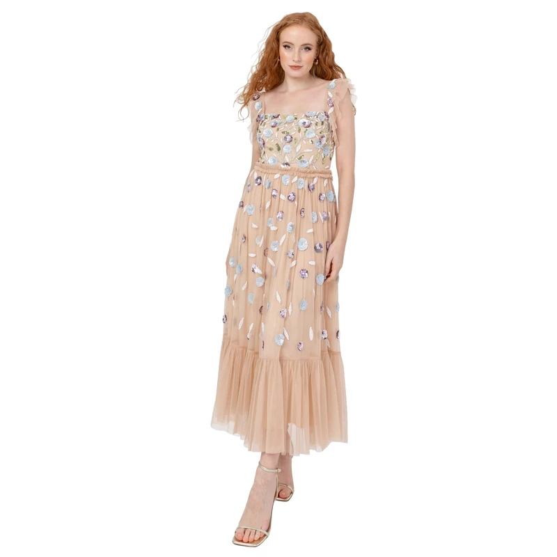 Maya Deluxe Women's Women's Midaxi Dress Ladies Ruffle Short Sleeve Square Neck Sequin Embellished Shirred Back Frills A-line Wedding Guest Dress, Nude,