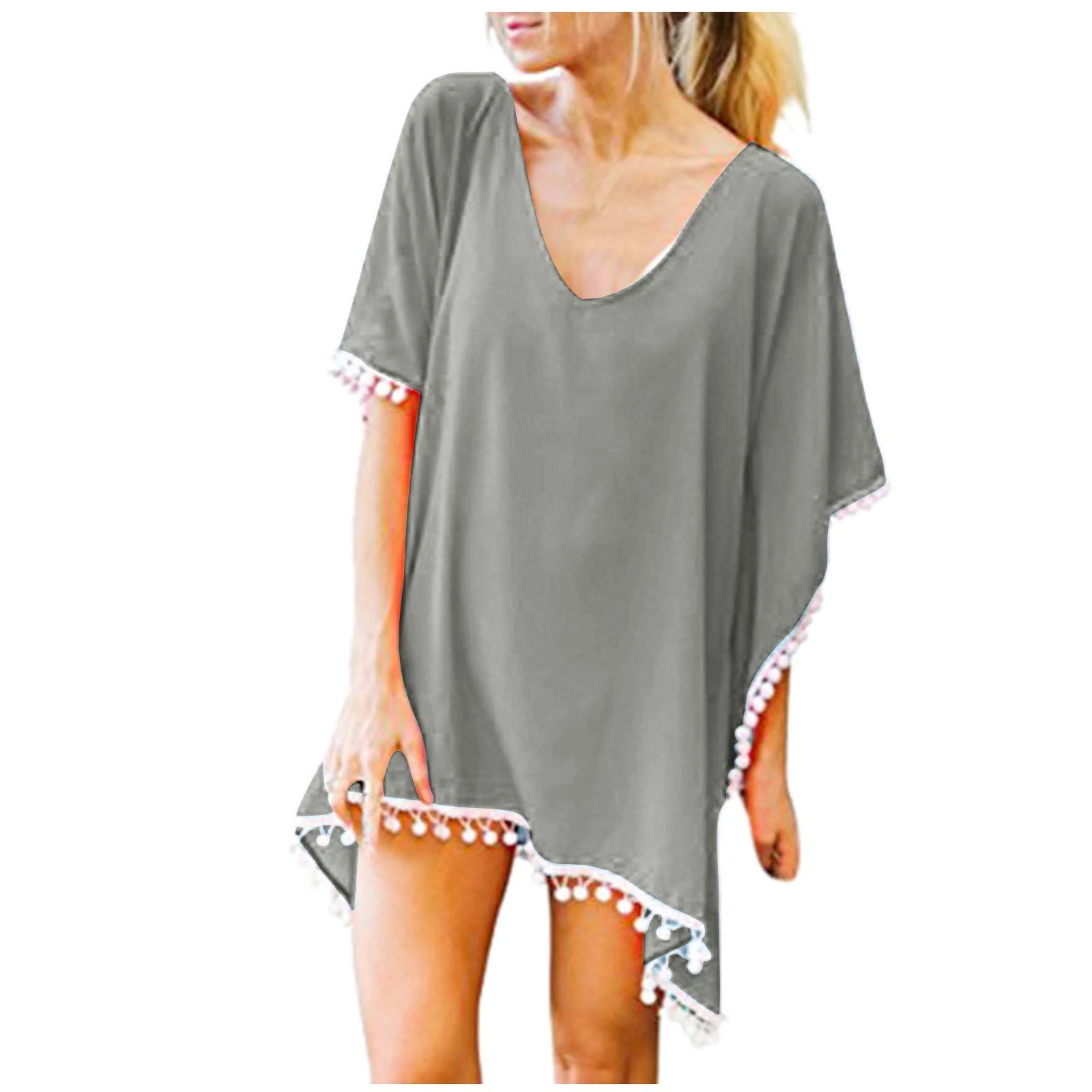 LZPCarra Tassel Dress Women's Summer Bikini Cover Up Cotton V Neck Cover Up Summer Beach Holiday Cutout Crochet Beach Tunic Boho Beach Tunic Bikini Beachwear Cover-Ups for Summer Beach, gray, M