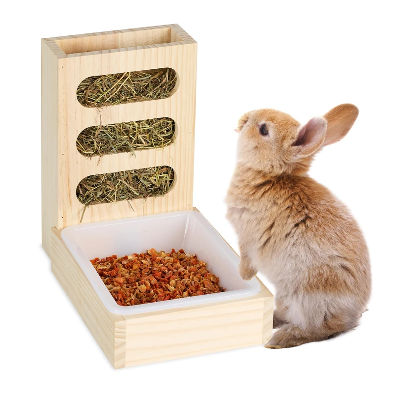 Relaxdays Hay Rack, Feeding Bowl, Food Trough for Rabbits & Guinea Pigs, Wood, Storage Bin for Hanging Straw, Natural, 24 x 16 x 29 cm - Image 1