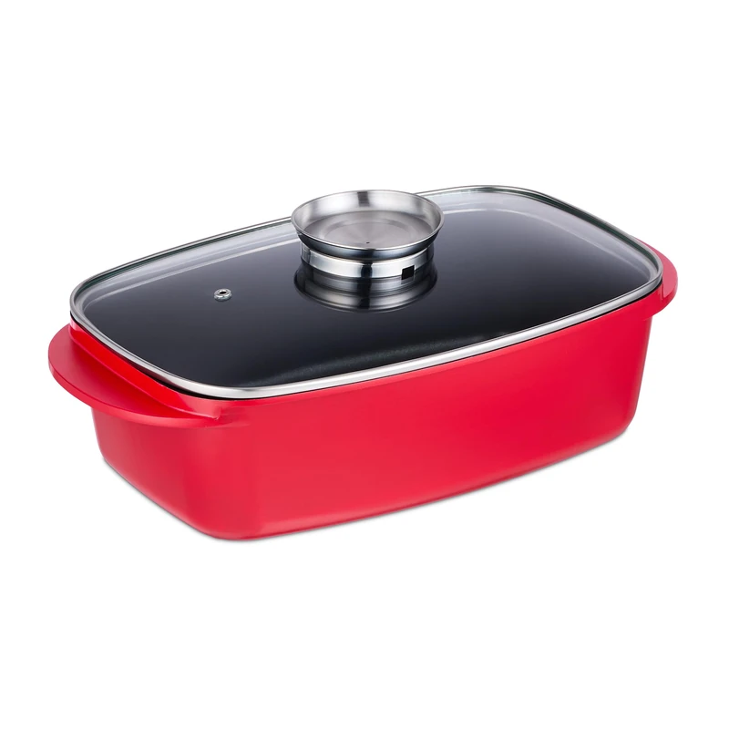 Relaxdays Roaster Dish with Glass Lid, 5 Litre Capacity, Coated Universal Roaster, Aluminium, Electric & Gas Hob, Red - Image 1