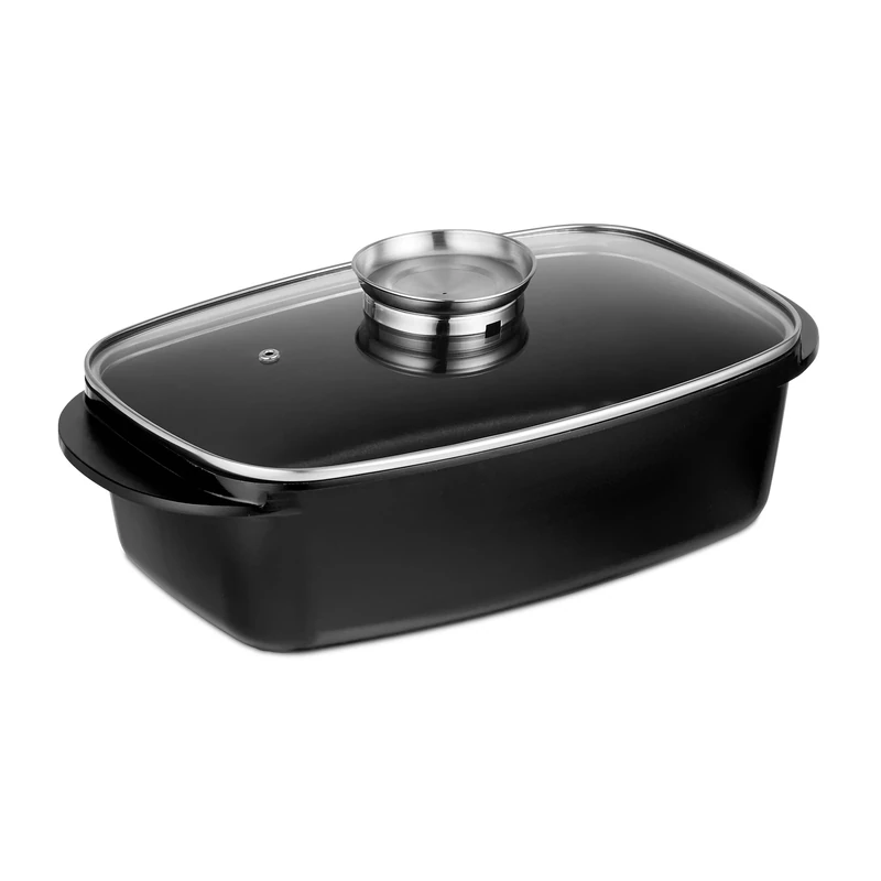 Relaxdays Roaster Dish with Glass Lid, 5 Litre Capacity, Coated Universal Roaster, Aluminium, Electric & Gas Hob, Black