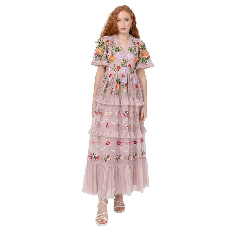 Maya Deluxe Women's Floral Embroidered Midi Dress - Blush Pink