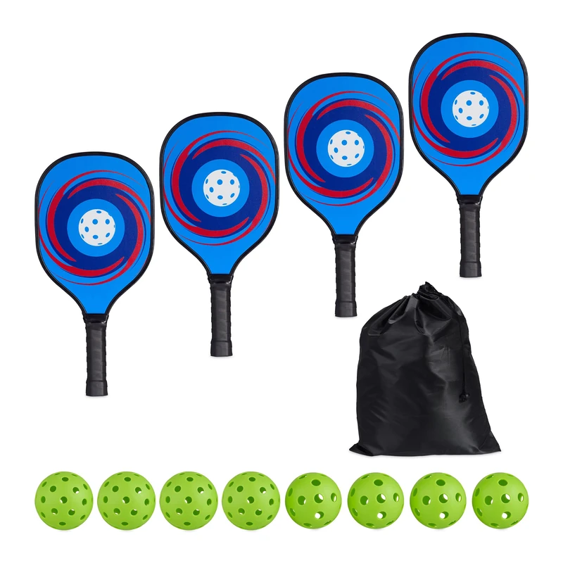 Relaxdays Pickleball Set, 4 Rackets & 8 Balls, Beach Game for Adults, Paddles with Travel Bag, Wooden, Multi-coloured, Wood, 39 x 19.5 x 3.5 cm