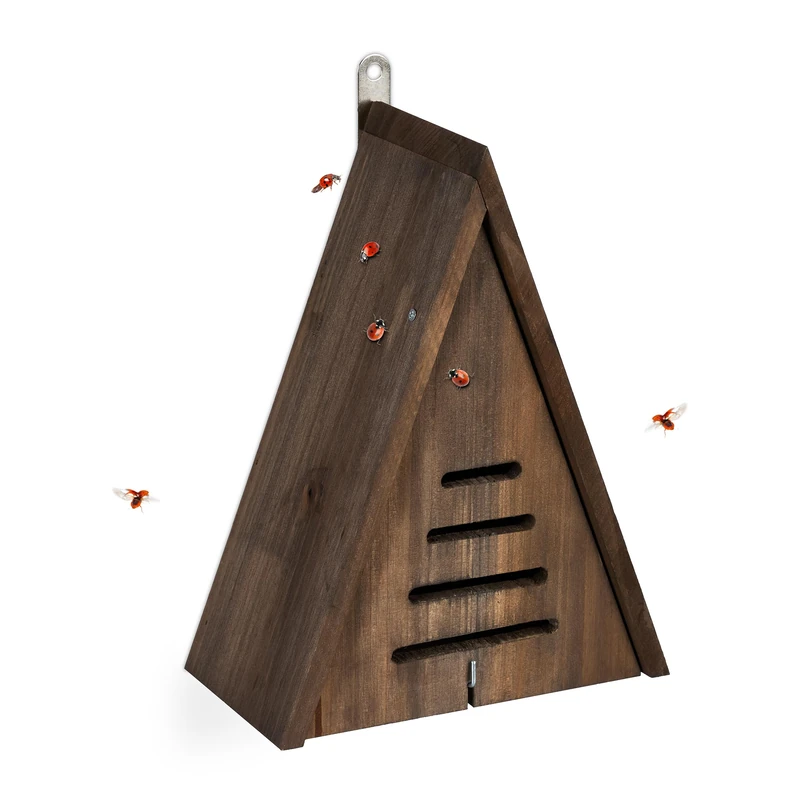 Relaxdays Ladybird House, Wood, Weatherproof, to Hang Up, Hibernation, Triangular Insect Hotel, 28 x 21 x 12 cm, Brown
