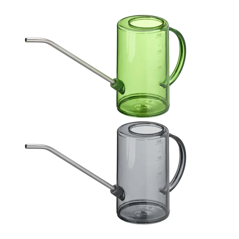 Relaxdays Watering Can, Set of 2, 1 Litre Capacity, for Houseplants, Plastic & Steel, Gardening, Long Neck, Grey & Green, 19.5 x 10 x 34 cm