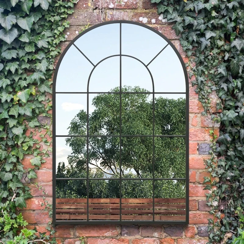 The Arcus - Black Framed Arched Window Garden Mirror 47"x31" 120x80CM. Suitable for Outside and Inside!