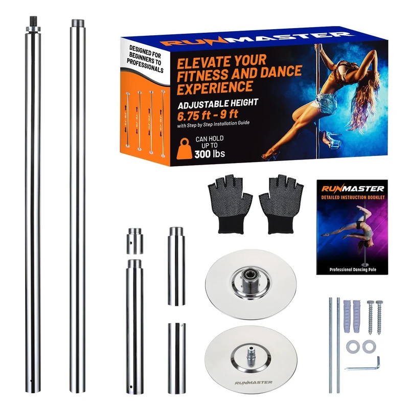 runmaster Premium Spinning and Static Dance Pole Kit - Portable 45mm Exercise Pole for Club, Party, Home Use - Easy Assembly, Sturdy Steel Construction with Silicone Rubber Protection - Silver - Image 1