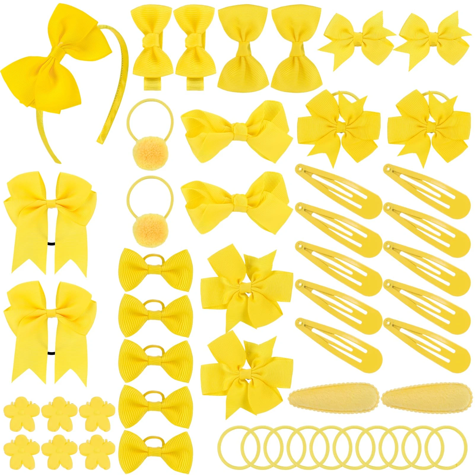FRIUSATE 50pcs Yellow Girls School Hair Accessories Kit - Bow Elastic Headband Hair Clips Kit, Pompom Hair Band, Ponytail Holder - Christmas Birthday Gift