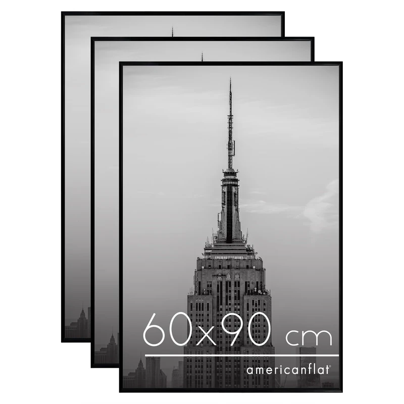 Americanflat 60x90 cm Picture Frame with Polished Front Cover - Set of 3 - Slide-In Photo Frame with Buildable Moulding - Fusion Collection - Picture Frames for Wall Display - Black