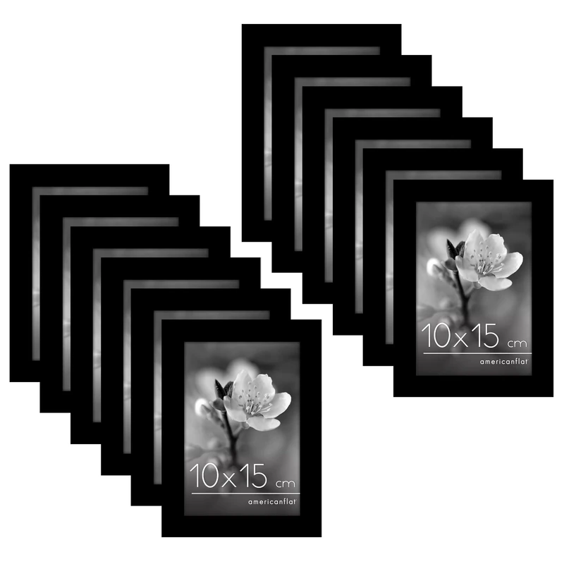 Americanflat Set of 12 Photo Frames for Wall 10 x 15 cm Black - Engineered Wood with Glossy Plexiglass - Horizontal and Vertical Format for Wall and Table