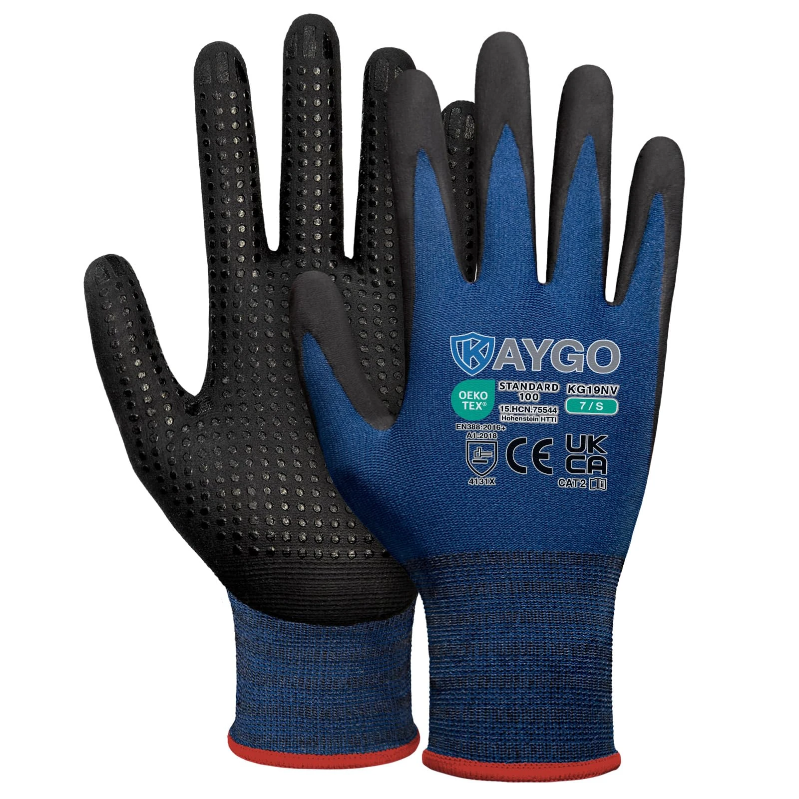KAYGO Work Gloves with Grip Dots on Palm for Anti-Slip, KG19N, MicroFoam Nitrile Coated Light Oil Compatible, Seamless Knit Nylon Gripper Work Gloves for Warehouse, Automotive, DIY (Navy Blue, S)