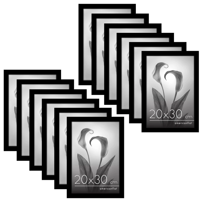 Americanflat 20x30 cm Picture Frame with Polished Plexi Cover - Set of 12 - Signature Collection - Picture Frames with Engineered Wood for Tabletop and Wall Display - Black
