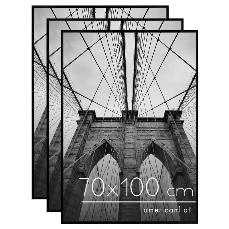 Americanflat 70x100 cm Picture Frame with Polished Front Cover - Set of 3 - Slide-In Photo Frame with Buildable Moulding - Fusion Collection - Picture Frames for Wall Display - Black