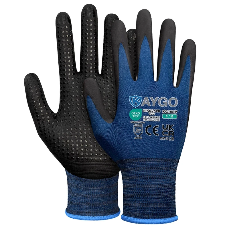 KAYGO Work Gloves with Grip Dots on Palm for Anti-Slip, KG19N, MicroFoam Nitrile Coated Light Oil Compatible, Seamless Knit Nylon Gripper Work Gloves for Warehouse, Automotive, DIY (Navy Blue, M)
