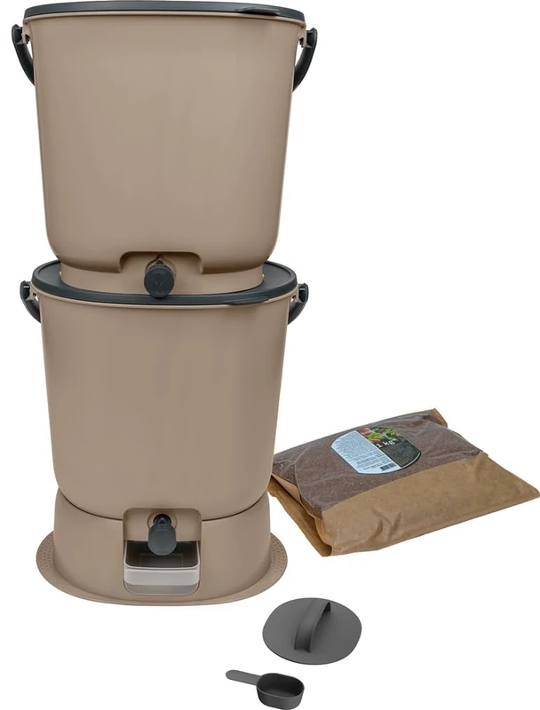 Set of 2 Bokashi Essential Composters 15.3L+1kg Brain+1 Base-Capuccino