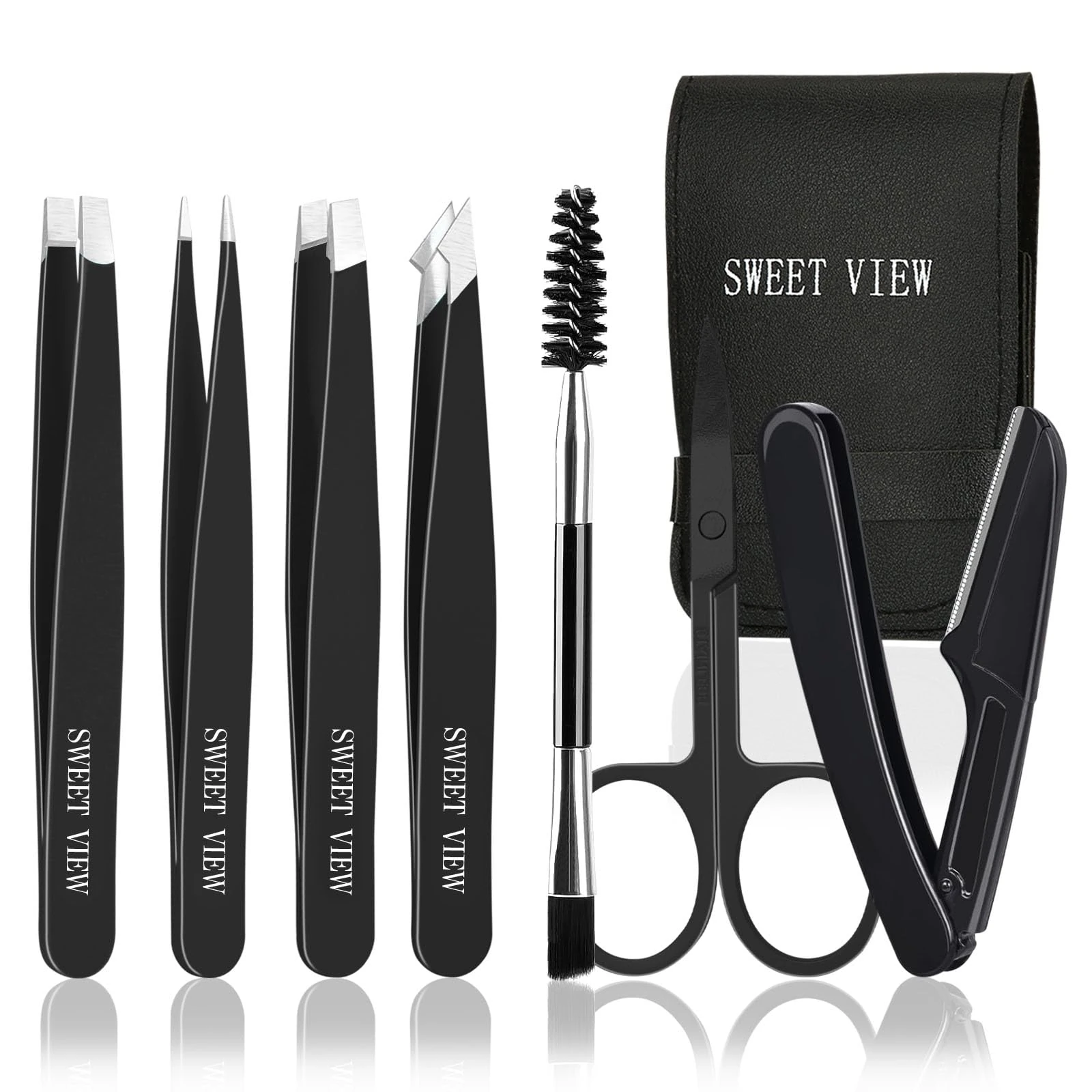 SWEET VIEW 7pcs Eyebrow Tweezers Kit for Women Precision Plucker with Brow Scissors & Razor & Spoolie for Facial, Chin, Brow, Splinter and Ingrown Hair