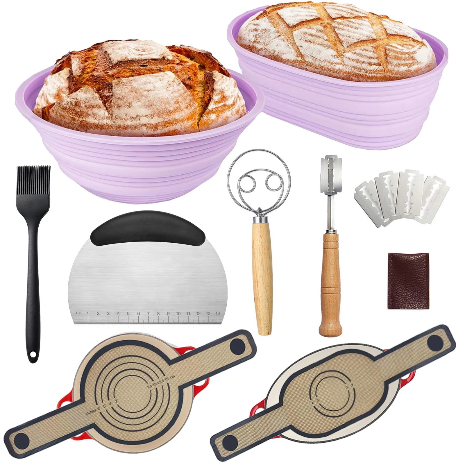 Bread Proofing Basket Sourdough Starter Kit-Sourdough Proving Basket Kit Bread Making Accessories with Foldable Silicone 9 Inch Round&10 Oval Sour Dough Starter Kits,Danish Dough Whisk,Bread Lame