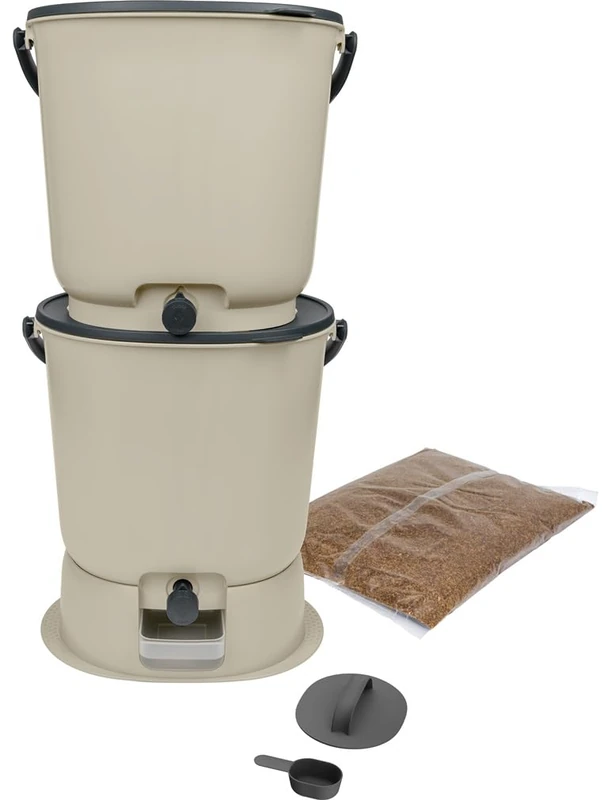 Set of 2 Bokashi Essential Composters 15.3L+1kg Brain+1 Base-Cream - Image 1