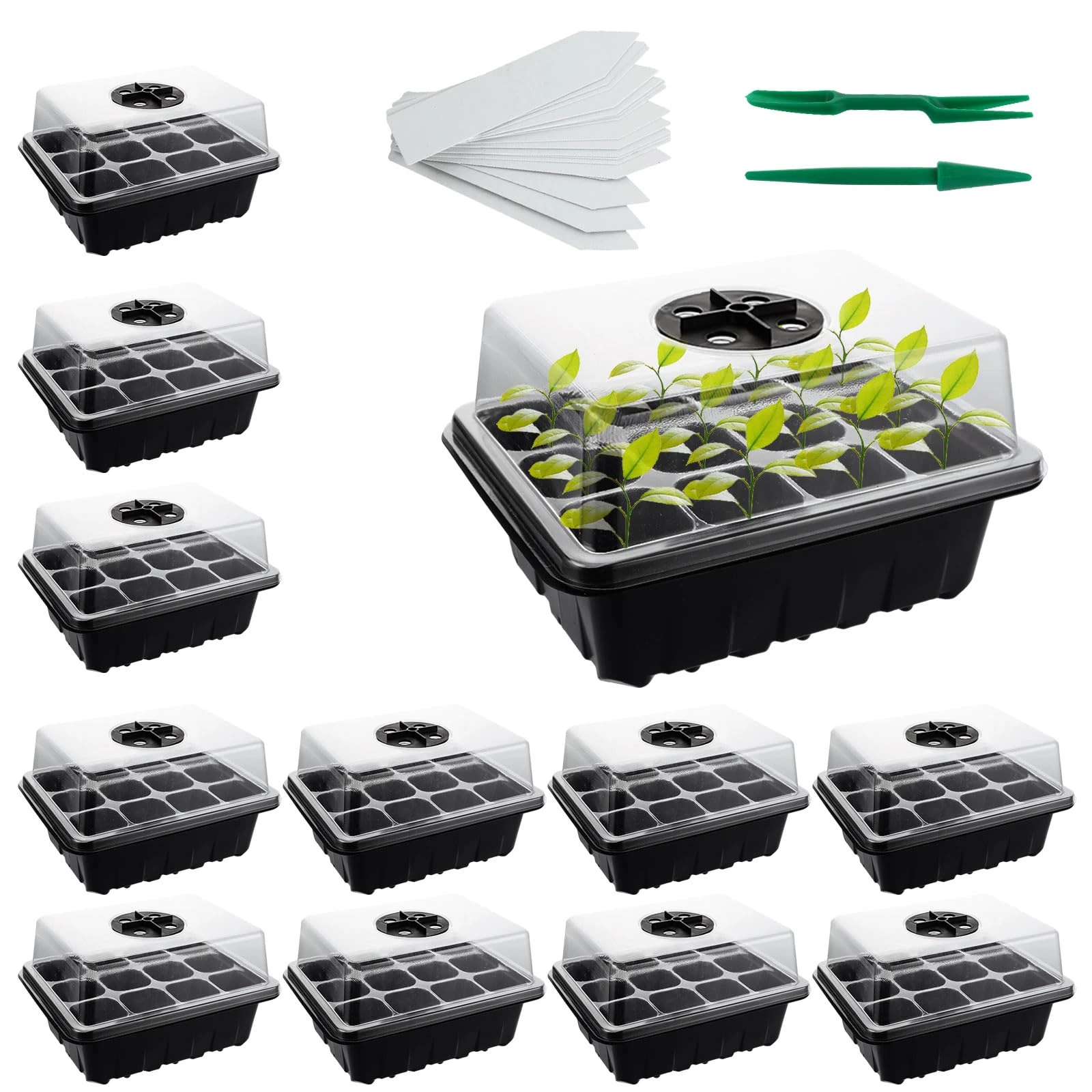 GBACHOOSE 20 Pack Seed Trays, 240 Cells Seedling Tray with Adjustable Dome Lids, Black Propagator Tray Seed Starter Tray Kit for Greenhouse Gardens Seeds Germination, 12 Cells Per Tray